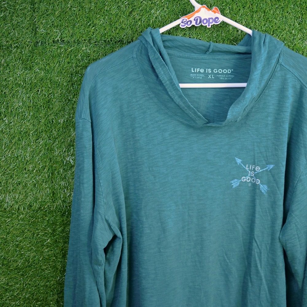 Life is Good Hoodie Teal Green Slub Knit Graphic - Mens Size XL